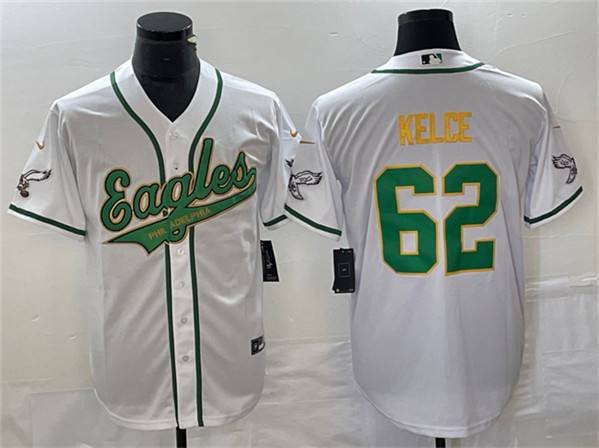 Men's Philadelphia Eagles #62 Jason Kelce White Gold Cool Base Baseball Stitched Jersey